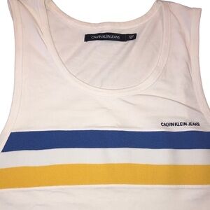 Calvin Klein Men’s Tank Top Shirt White Blue Yellow Stripe Size XL